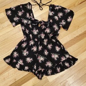 Topshop Black Floral Plunge Romper Sz 8